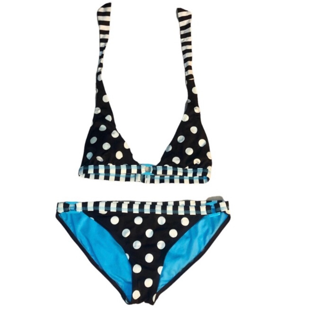 Xhilaration Cocoa Brown Bikini with White Polka Dots & Bright Blue Accents